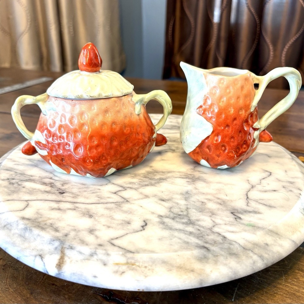 VTG Antique 1910 Royal Bayreuth German Porcelain Strawberry Creamer Sugar Bowl‎